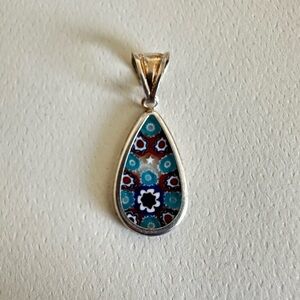 Millefiori Glass Tear Drop Set in a Sterling Silver Frame Pendant